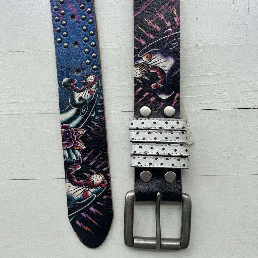 Ed Hardy Y2K Leather Belt Panther Spell Out Floral Studded Unisex Size M